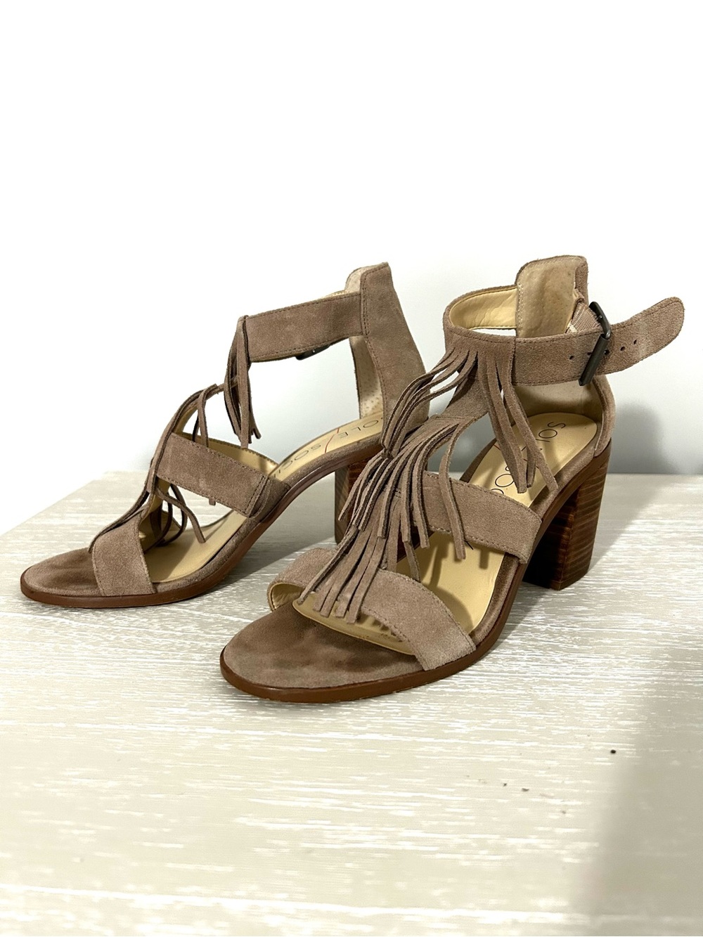 Sole Society Taupe Suede Fringe Block Heel Sandals